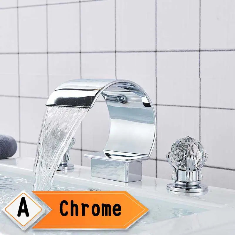 Bright Golden Waterfall Basin Faucet Dual Cristal Handle Widespread Bathroom Sink< Bathtub