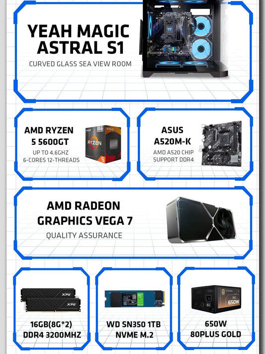 AMD Ryzen 5 5600GT 3.9GHz 16GB(8G*2) DDR4 3200 1T NVME SSD ARGB 7 Fans Win 11 Home Gamer Desktop PC