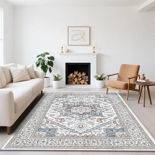 8x10 Area Rugs for Living Room: Washable Rug Stain Resistant Distressed Vintage Floral Rug Non Slip Low Pile Faux Wool Soft rugs