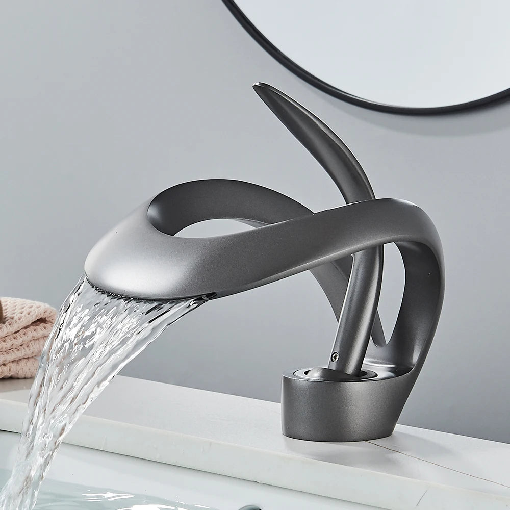 Rozin Luxury Black Basin Faucet Grey Bathroom Waterfall Mixer Tap Brass Deck Mount