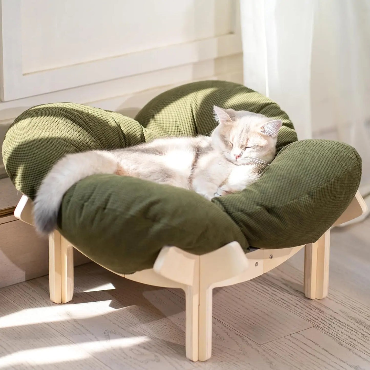 Elevated Cat Bed Wooden With Cushion Fluffy Pet Couch Sofa For Indoor Cats Raised Kitty Lounge Chair