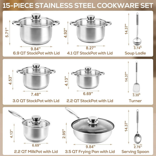 15-Piece Stainless Steel Cookware Set - Nonstick Pots & Pans with Lids, Induction Safe, Oven Compatible