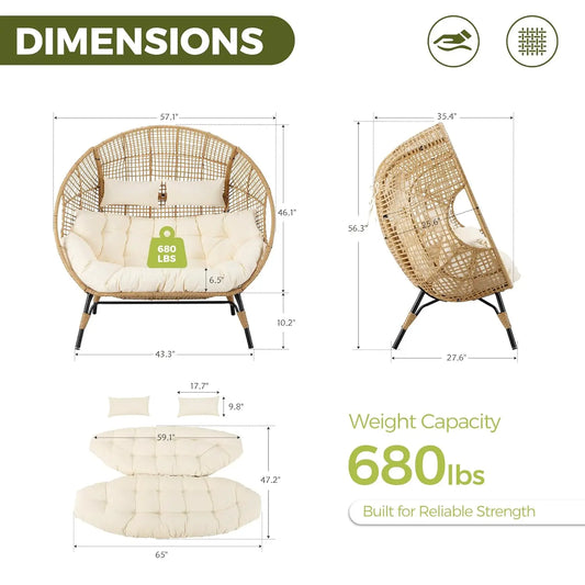 Oversized Double Egg Loveseat 680lb Wicker Rattan Cushioned Patio Balcony Garden Indoor Customized