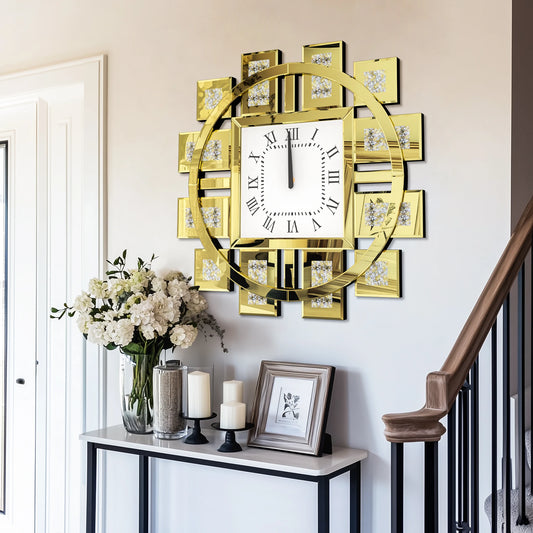 Crush Diamond Mirrored Wall Clock Sparkle Bling Quartz Clock Roman Numerals for Living Room