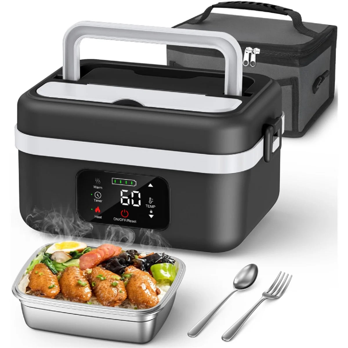 Automatic Heating Lunch Box, 1L Portable Food Warmer with Fork and Spoon and Insulated Carrying Bag