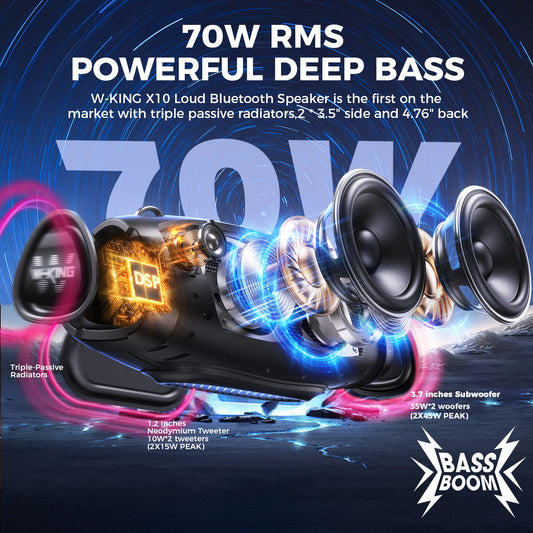 70W Waterproof Portable Loud Bluetooth Speaker, Wireless Outdoor Boombox Subwoofer Triple Passive