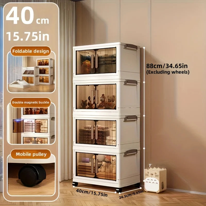 4/5-Tier Heavy-Duty Plastic Folding Storage Cabinet with Lid - Foldable & Stackable Shelving Unit, Wheeled Container