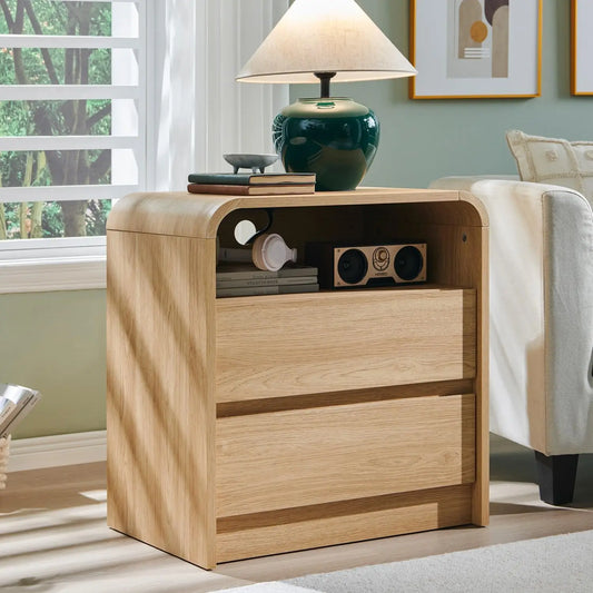 25" Tall Modern Nightstand 23.6'' Wide Wood Bedside Table w/2 Storage Drawers, Charging Station