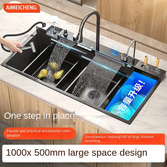 Digital fly rain waterfall sink embossed stainless steel large single sink kitchen black washbasin