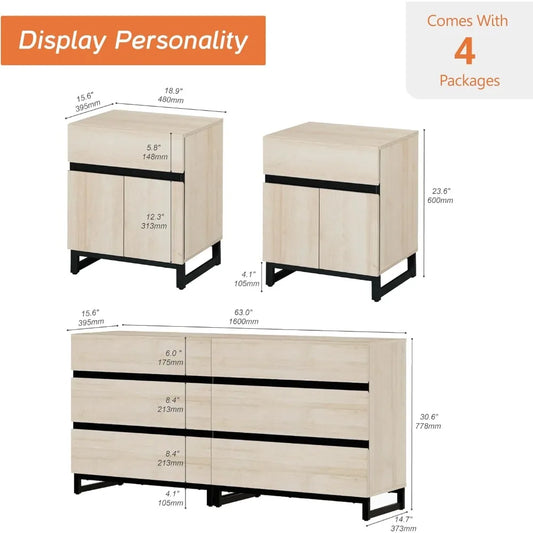 Dresser and Nightstand Set of 3, 63 Inches Dresser with 6 Drawers, 2 Nightstand with Drawer and Cabinet