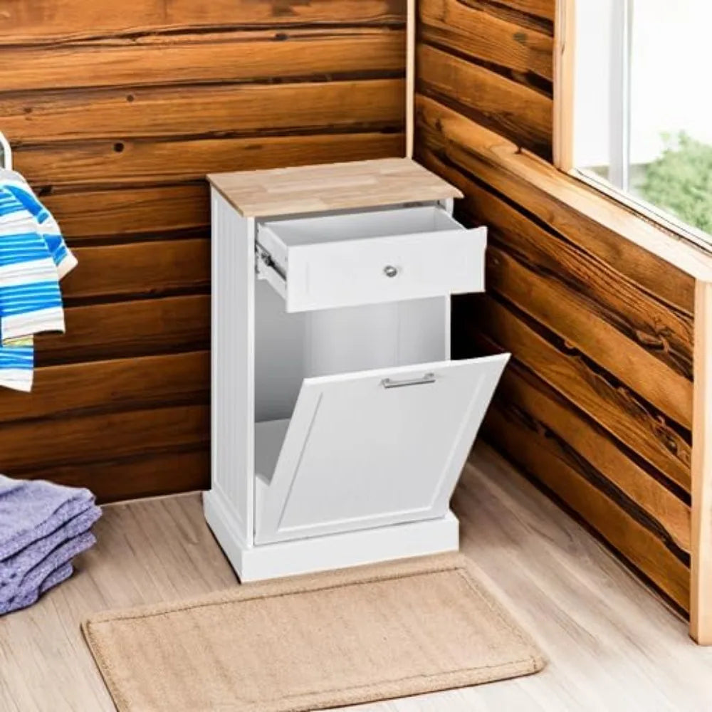 Kitchen Tilt Out Trash Bin Cabinet Free Standing Recycling Cabinet Trash Can Holder with Drawer