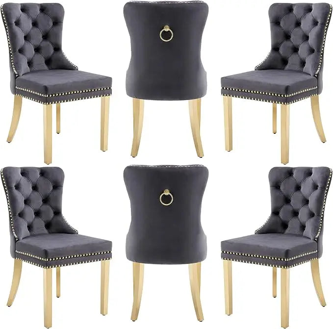 Velvet Dining Chairs Set of 6, Dining Room Chairs with Wood Legs and Pull Ring, Luxury Side Chair