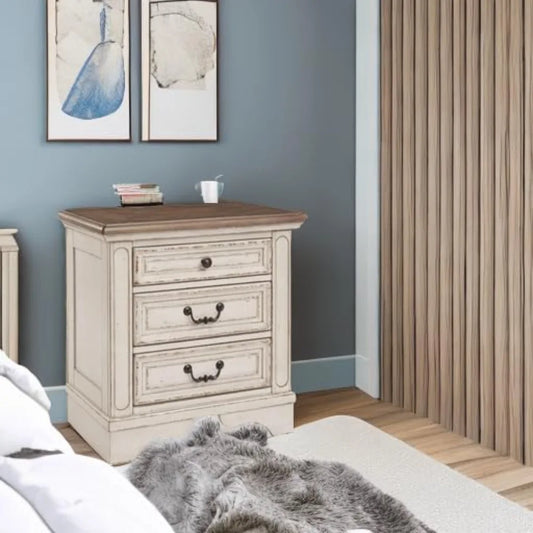 Realyn French Country 3 Drawer Nightstand with Electrical Outlets & USB Ports, 27.75" Tall