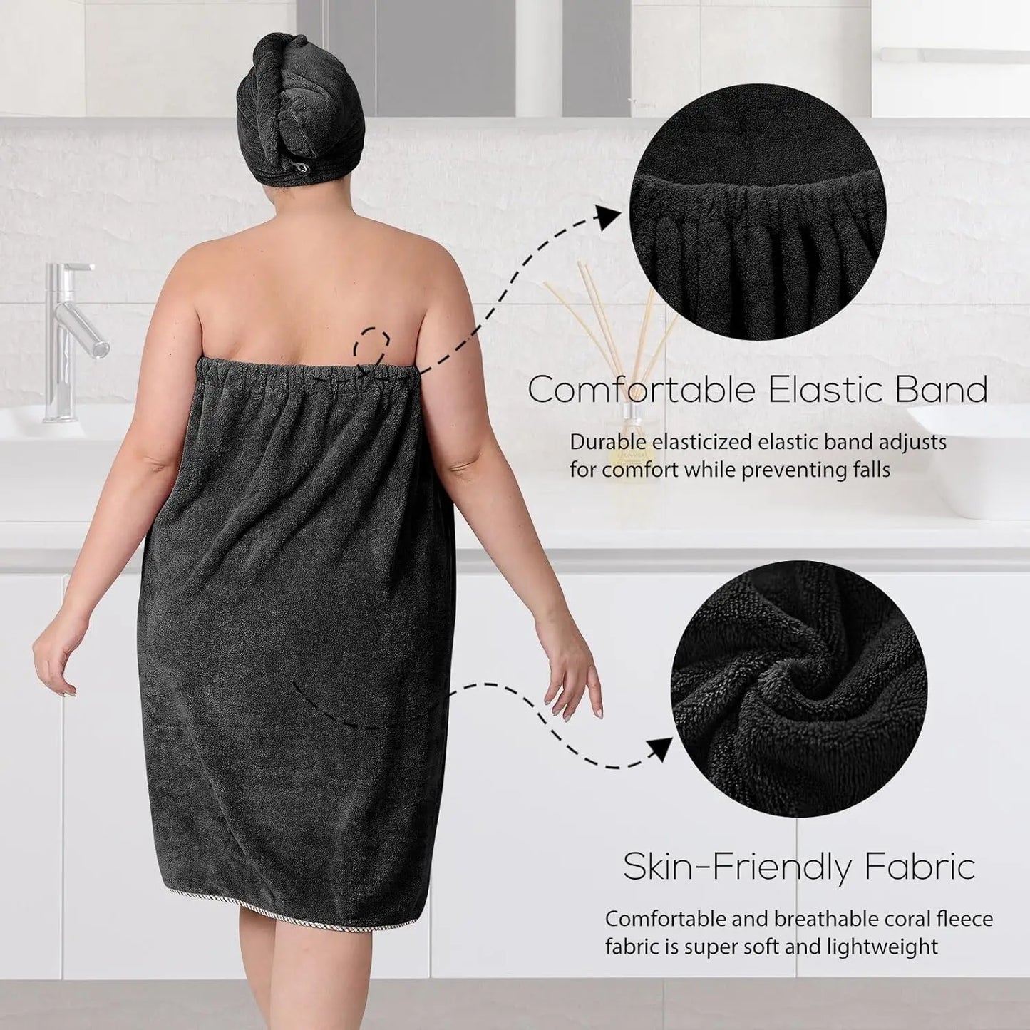 Adjustable Plus Size Towel Wrap with Hair Towel, Spa Bath Dress Black (XXL-XXXXL)
