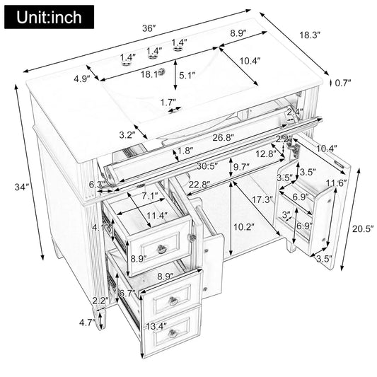 36" Free Standing Bathroom Vanity with Sink, Tip-Out Drawer & 3 Drawers & 2 Doors, Wood Cabinet with Ceramic Basin
