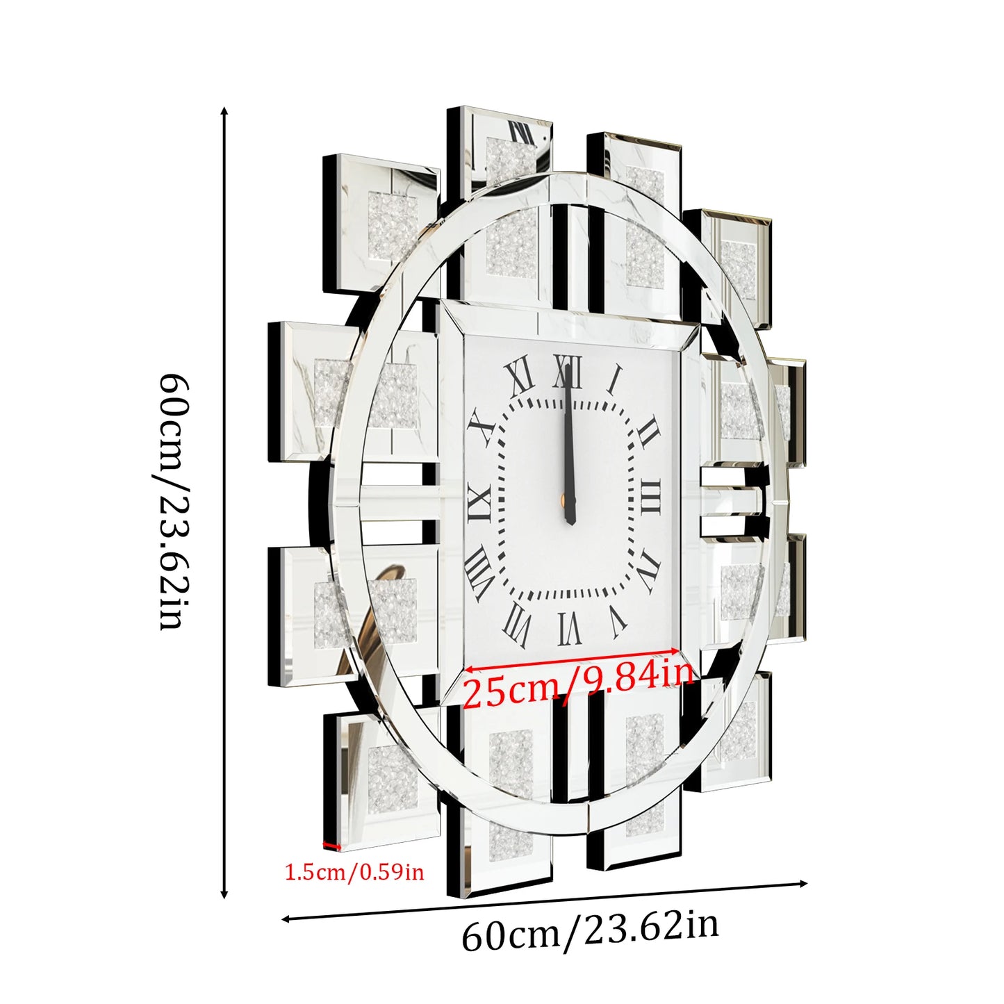 Crush Diamond Mirrored Wall Clock Sparkle Bling Quartz Clock Roman Numerals for Living Room