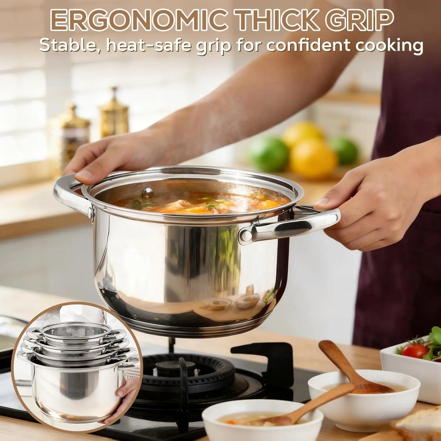 15-Piece Stainless Steel Cookware Set - Nonstick Pots & Pans with Lids, Induction Safe, Oven Compatible