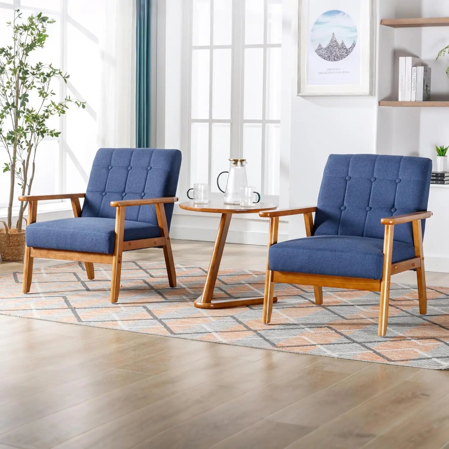 PU Leather Accent Chair Set of 2, Mid-Century Modern Armchair with Solid Wood Armrests