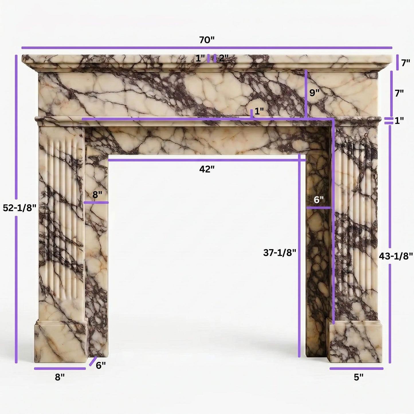 Calacatta Viola Marble Fluted Fireplace Mantel Polished White Finish 70 x 52 x 7