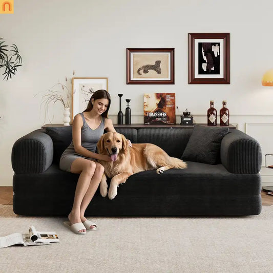 Sofa Convertible Corduroy Black 78.8in Long With Pillow Back Support