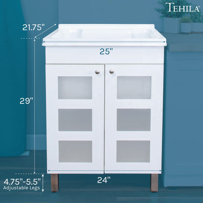 Tehila White Vanity Cabinet and White Utility Sink, No Supply Lines, No Strainer Basket