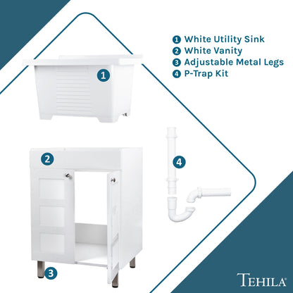 Tehila White Vanity Cabinet and White Utility Sink, No Supply Lines, No Strainer Basket