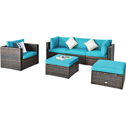 6 Pcs Patio Rattan Furniture Set with Sectional Cushion