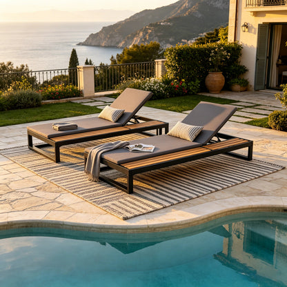 Black Iron & Teak Finish Chaise Lounge Set