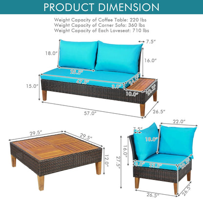 4 Pieces Patio Cushioned Rattan Furniture Set with Wooden Side Table