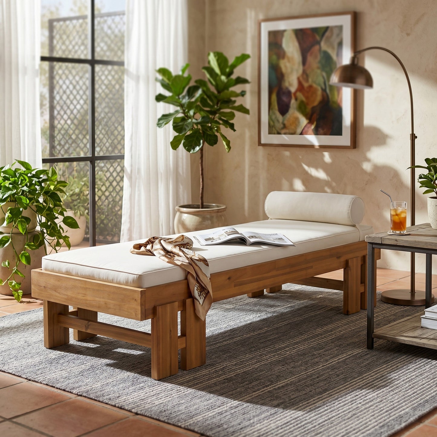 Teak Finish Acacia Wood Daybed with Cream Cushion