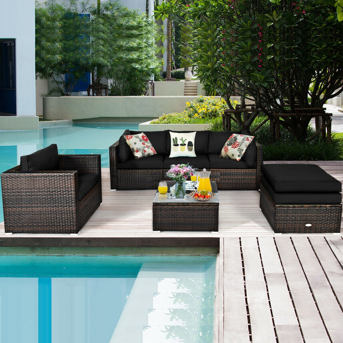 6 Pcs Patio Rattan Furniture Set with Sectional Cushion