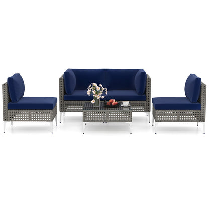 5 Piece Outdoor Furniture Set Patio Rattan Chairs with Tempered Glass Coffee Table-Navy