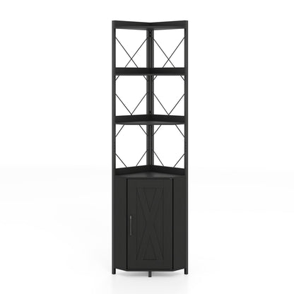 6-Tier Corner Bookshelf with Cabinet 71" Tall Metal Frame