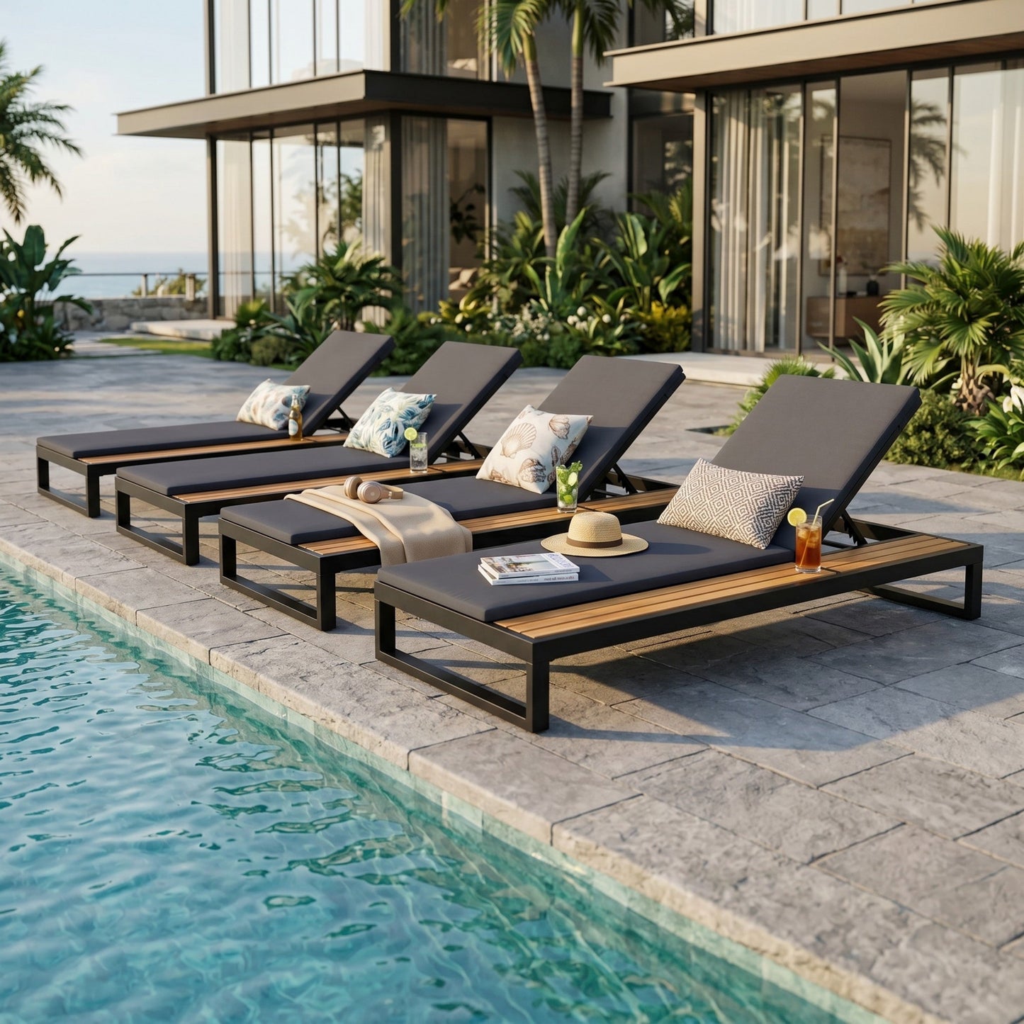 Black Iron & Teak Finish Chaise Lounge Set