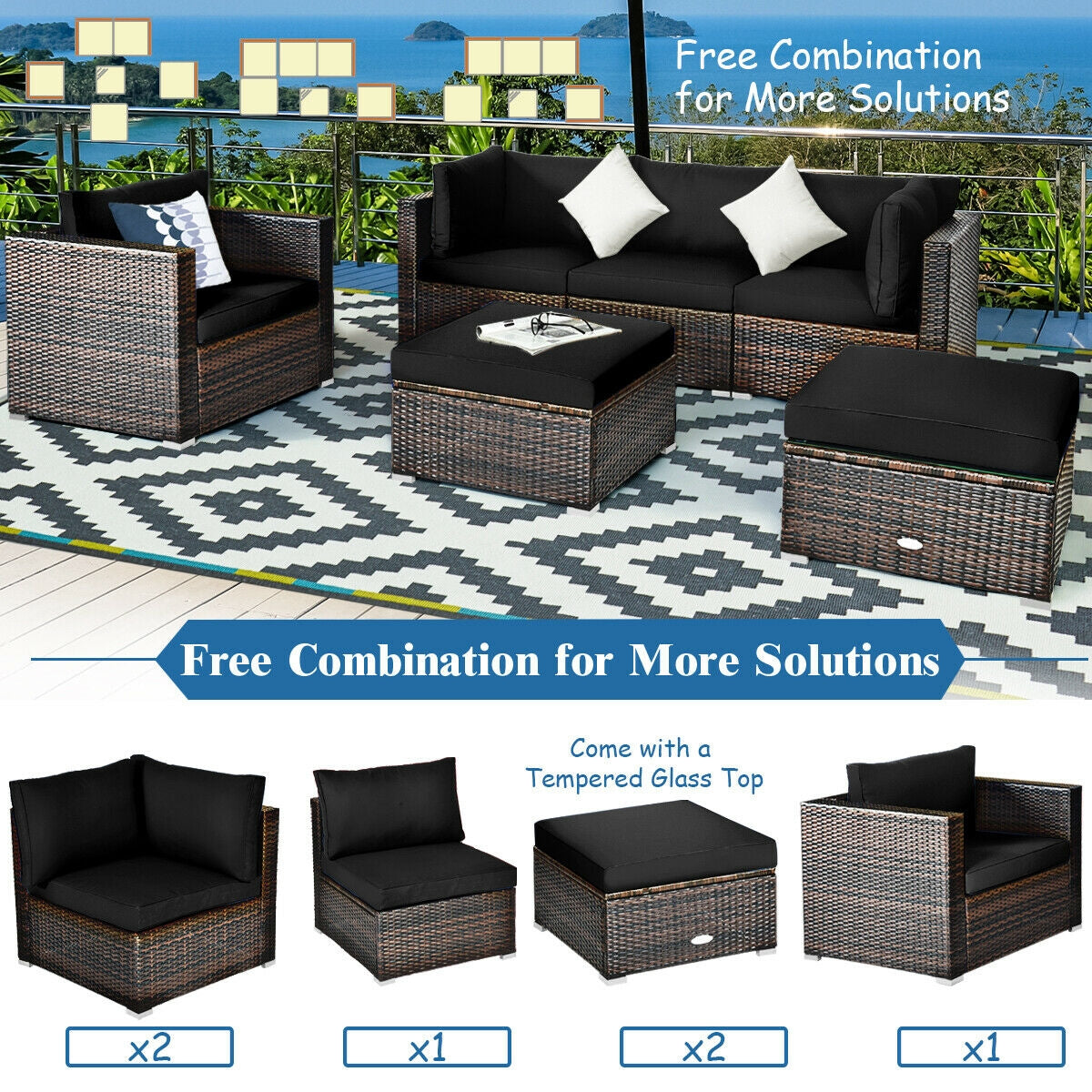 6 Pcs Patio Rattan Furniture Set with Sectional Cushion