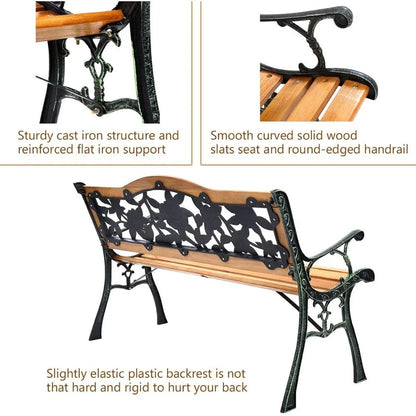 50 Inch Patio Bench, Outdoor Furniture Rose Cast Iron Hardwood Frame Porch Loveseat, Weather Proof Porch Path Chair
