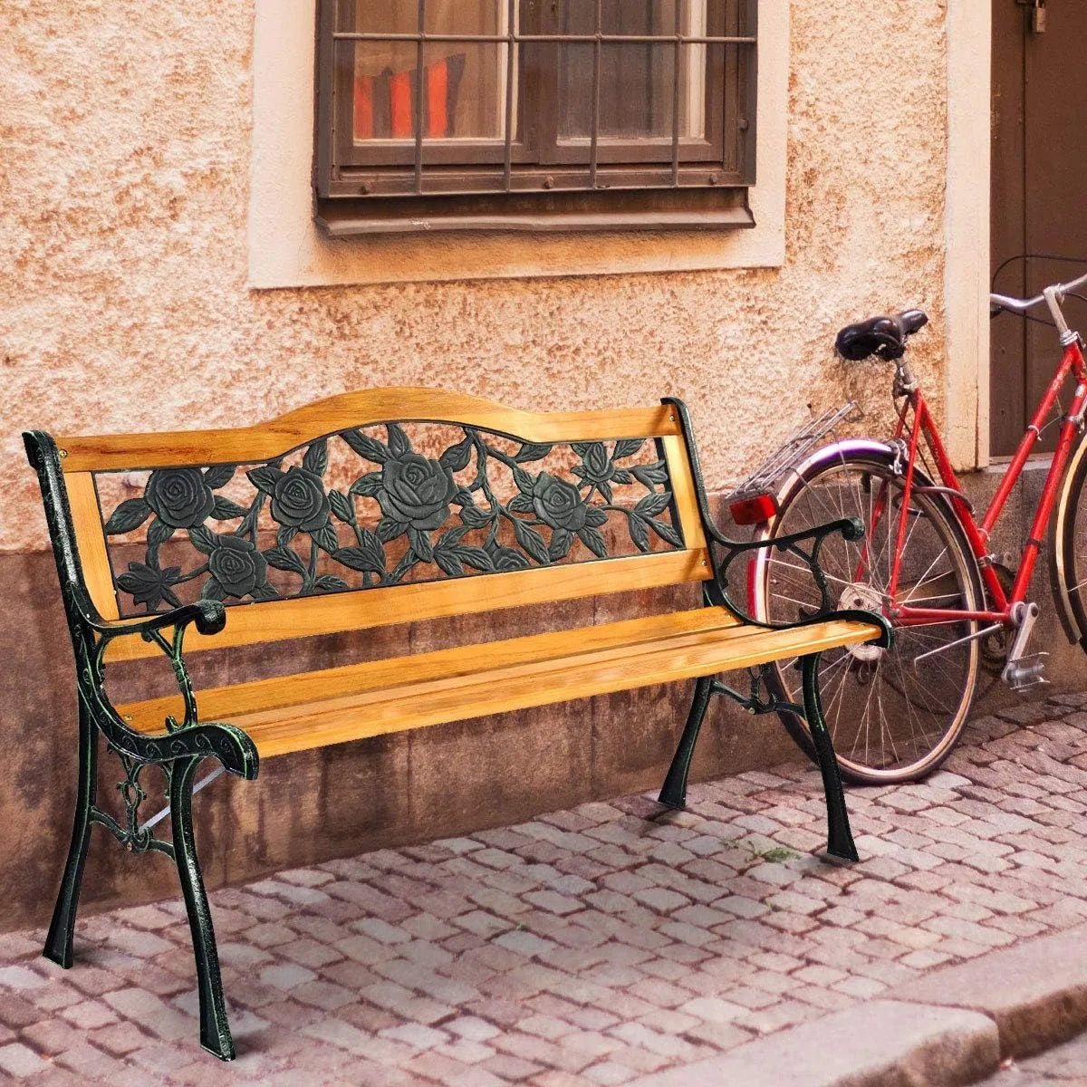 50 Inch Patio Bench, Outdoor Furniture Rose Cast Iron Hardwood Frame Porch Loveseat, Weather Proof Porch Path Chair