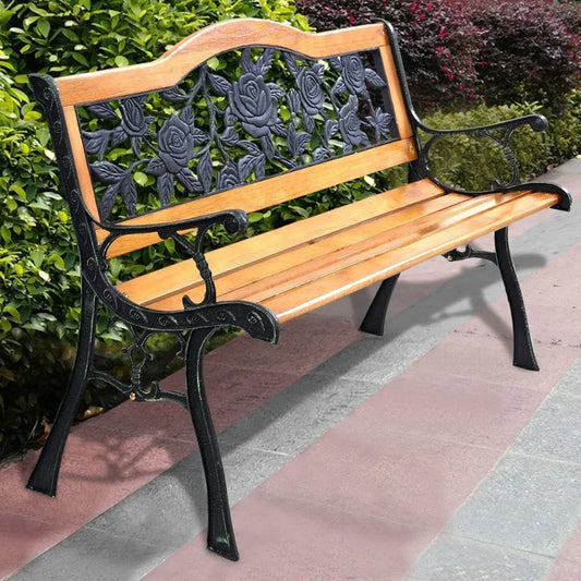 50 Inch Patio Bench, Outdoor Furniture Rose Cast Iron Hardwood Frame Porch Loveseat, Weather Proof Porch Path Chair