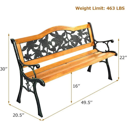 50 Inch Patio Bench, Outdoor Furniture Rose Cast Iron Hardwood Frame Porch Loveseat, Weather Proof Porch Path Chair