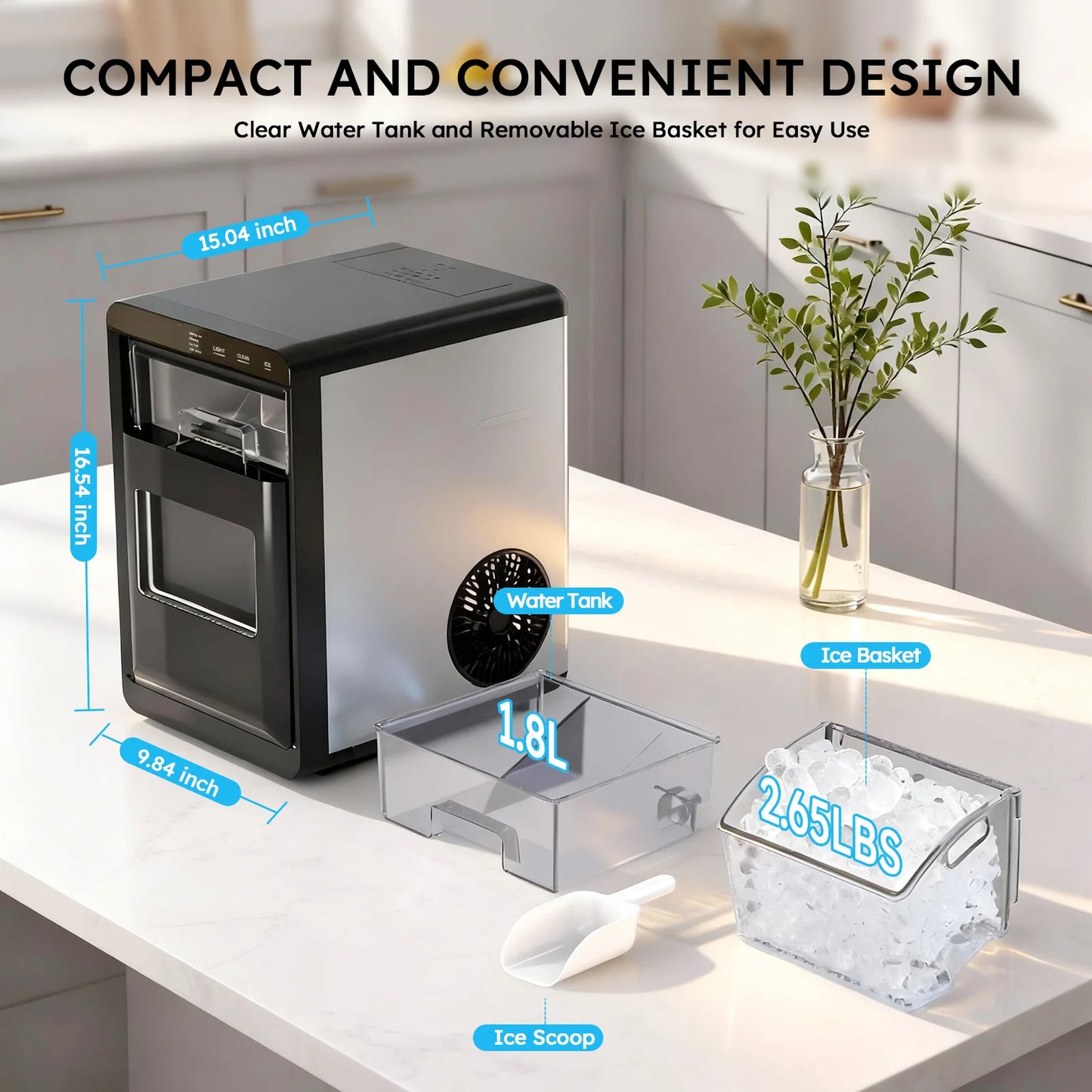 Nugget Ice Maker Countertop 44bs/24H  with Ice Scoop & Basket for Home/Kitchen/Party