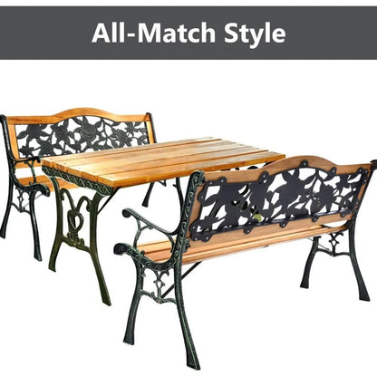 50 Inch Patio Bench, Outdoor Furniture Rose Cast Iron Hardwood Frame Porch Loveseat, Weather Proof Porch Path Chair