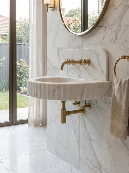 Carrara White Marble Wall-Mount Bathroom Sink with Fluted Front Design 16W x 24L x 6H