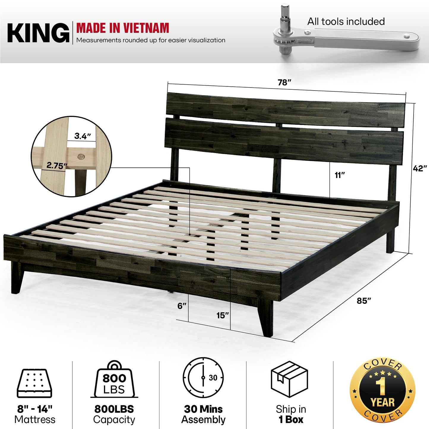 Aurora Solid Wood Bed Frame