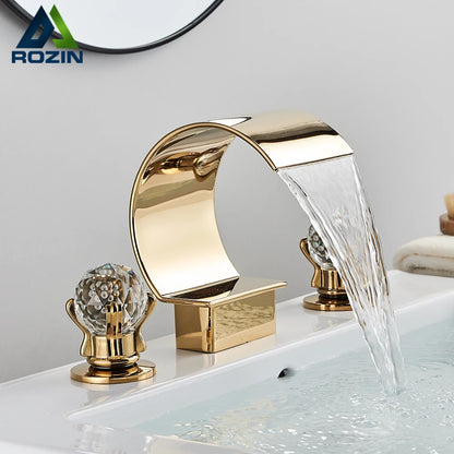 Bright Golden Waterfall Basin Faucet Dual Cristal Handle Widespread Bathroom Sink< Bathtub