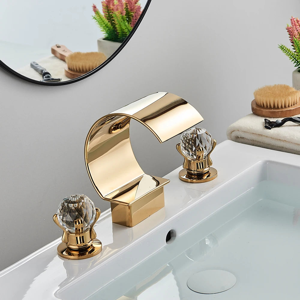 Bright Golden Waterfall Basin Faucet Dual Cristal Handle Widespread Bathroom Sink< Bathtub