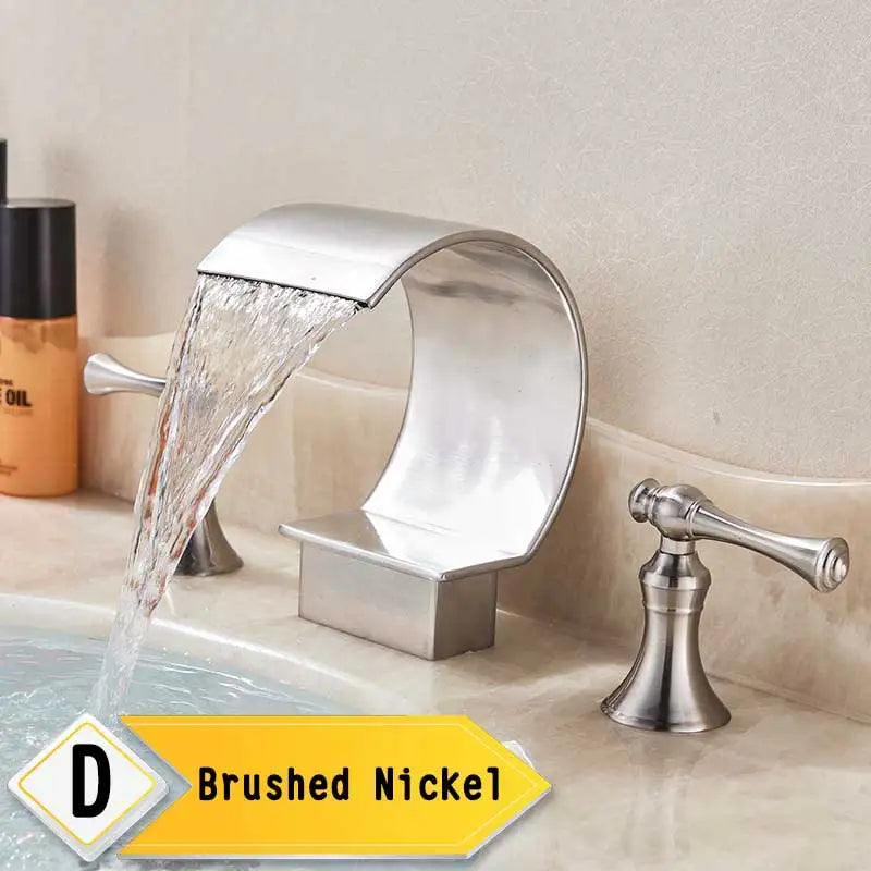 Bright Golden Waterfall Basin Faucet Dual Cristal Handle Widespread Bathroom Sink< Bathtub