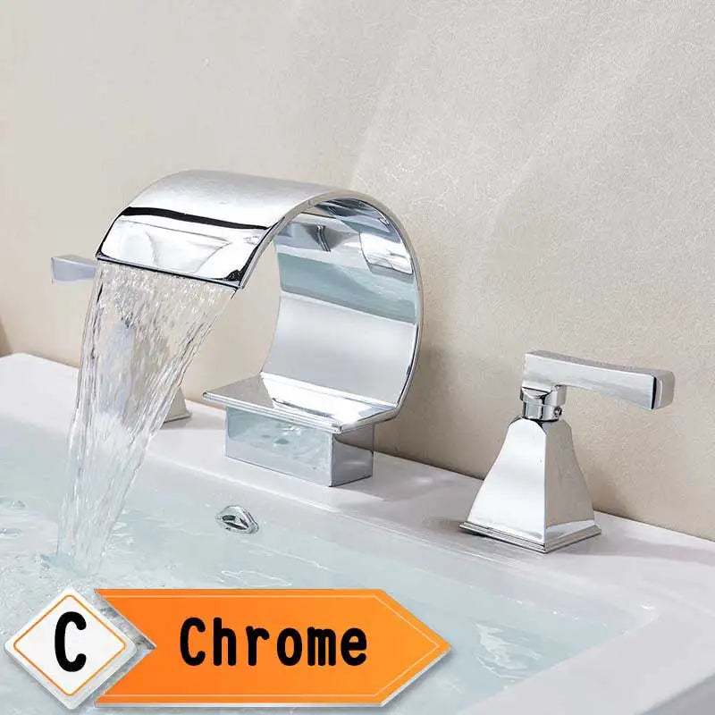 Bright Golden Waterfall Basin Faucet Dual Cristal Handle Widespread Bathroom Sink< Bathtub