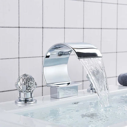 Bright Golden Waterfall Basin Faucet Dual Cristal Handle Widespread Bathroom Sink< Bathtub