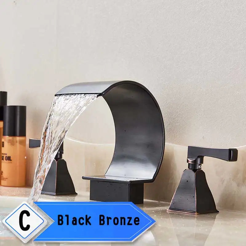 Bright Golden Waterfall Basin Faucet Dual Cristal Handle Widespread Bathroom Sink< Bathtub