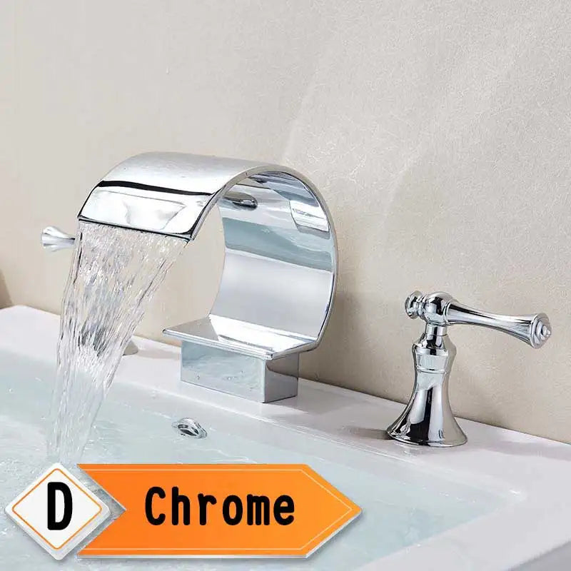 Bright Golden Waterfall Basin Faucet Dual Cristal Handle Widespread Bathroom Sink< Bathtub